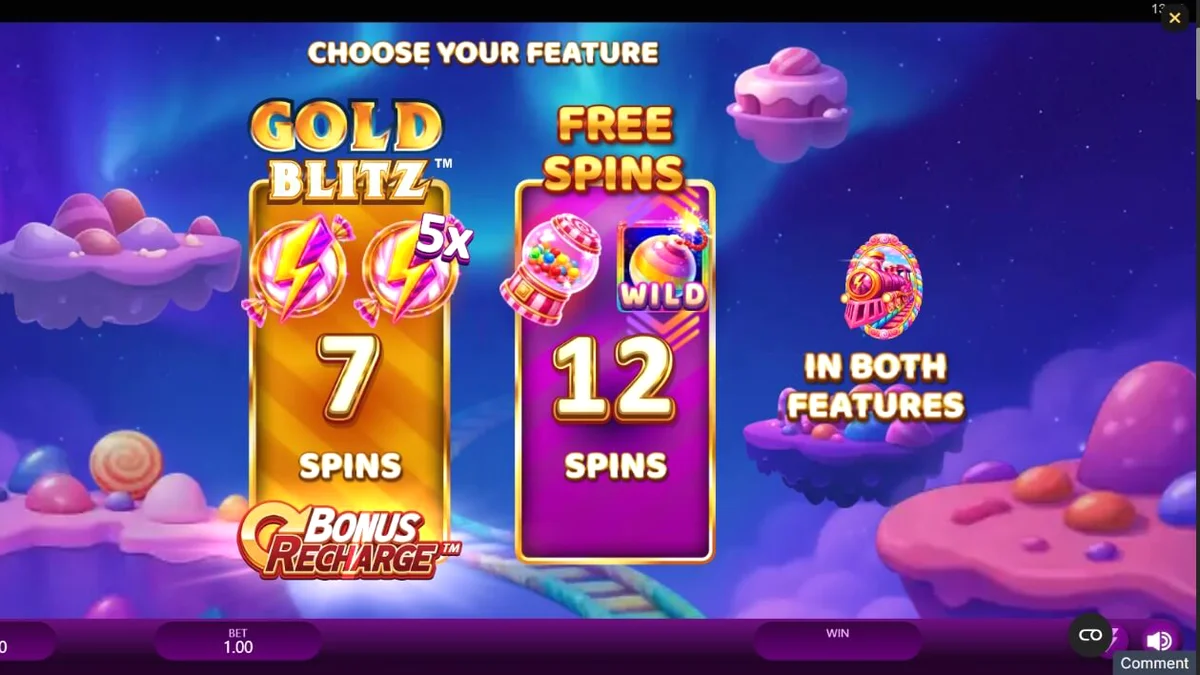 Tampilan visual slot Candy Express Gold Blitz dengan tema permen dan kereta api.