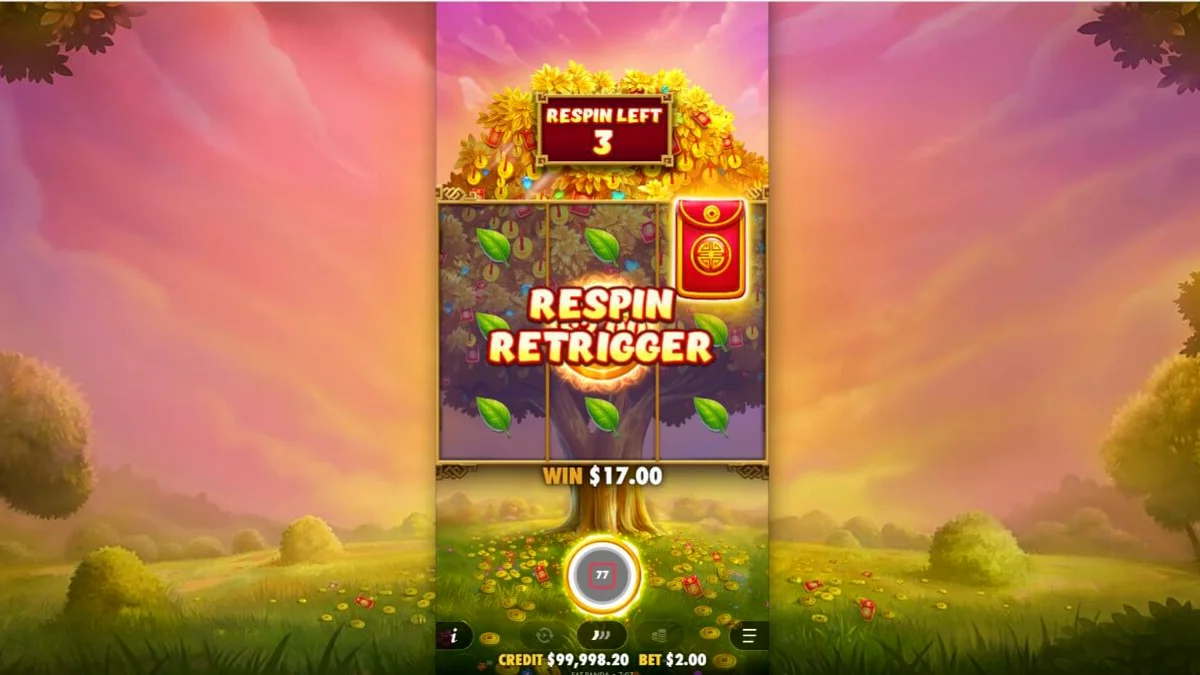 Pemandangan visual slot Lucky Fortune Tree dengan tema pohon keberuntungan dan koin emas.