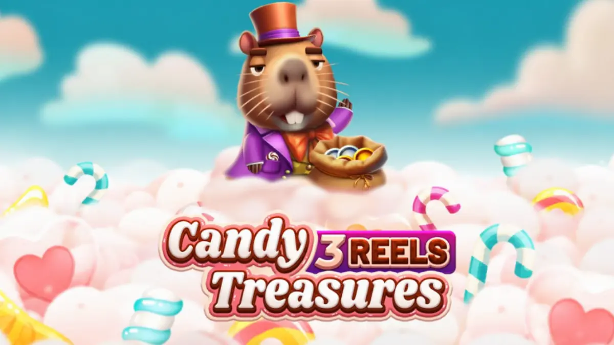 Tampilan layar permainan Candy Treasures 3 Reels dengan simbol permen dan kue yang berwarna-warni
