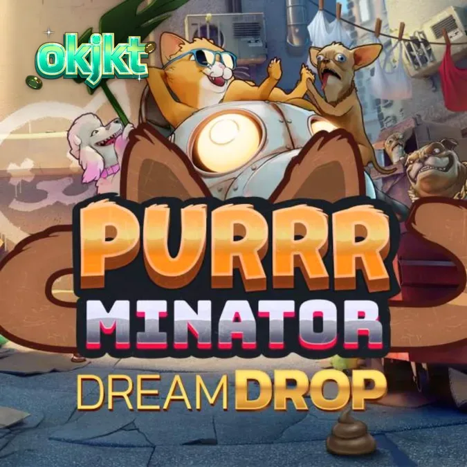 Tampilan visual slot Purrrminator Dream Drop dengan latar belakang gang distopia